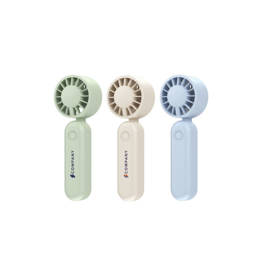 A foldable handheld fan available in green, cream, and blue, featuring a logo on the handle.
