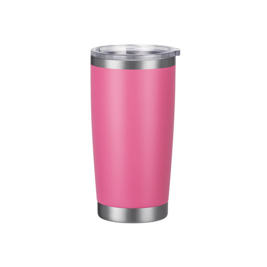 A drink bottle in vibrant pink with a stainless steel bottom and a clear lid, featuring a branded logo.