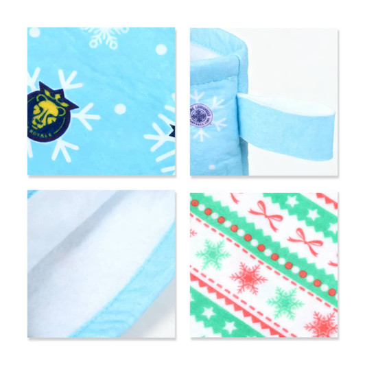 A light blue Christmas stocking featuring snowflakes, decorative patterns in green and red, and a logo.