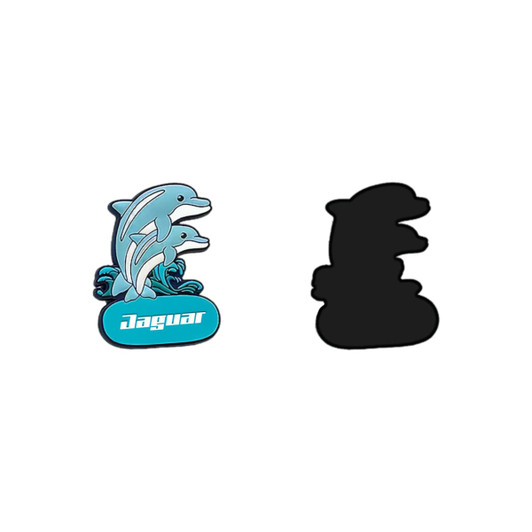 A colourful PVC fridge magnet featuring two dolphins above a blue base with a logo.