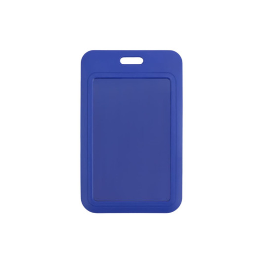 A blue ABS single side ID card holder with a top slot for hanging. It has a simple design with no visible logos.