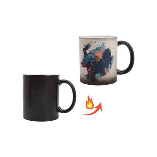 A colour changing mug in black and a vibrant design revealing text and splashes of colour when heated.