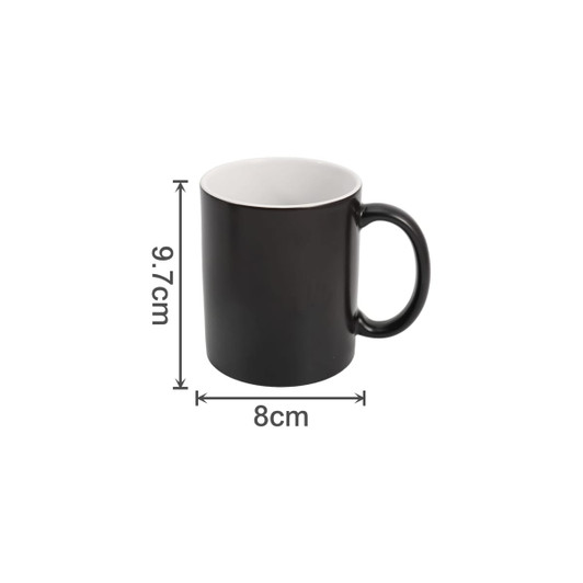 A black mug with a white interior, featuring a handle and dimensions marked alongside. It has a logo on the surface.