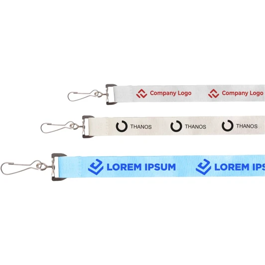 A set of three lanyards in white, light blue, and red, featuring various logos and clips for attachment.