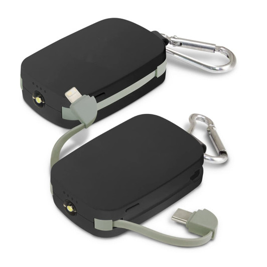 A black power bank featuring a green accent and a carabiner clip, with integrated charging cables.