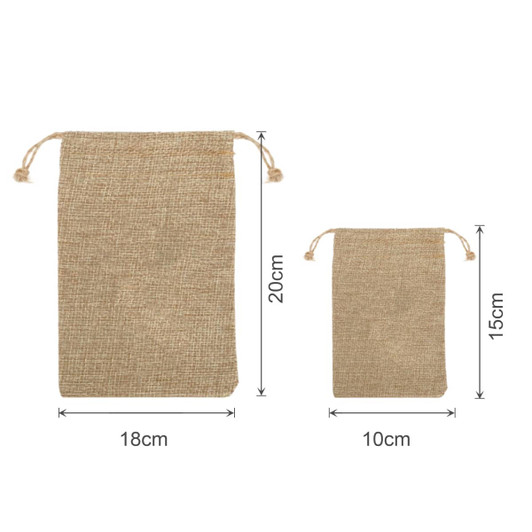 Linen drawstring gift bags in a natural beige colour, featuring two sizes: 18cm x 20cm and 10cm x 15cm.