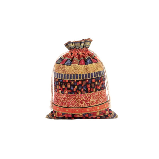 A colourful linen burlap drawstring bag featuring a mix of patterned stripes in red, yellow, blue, and orange.
