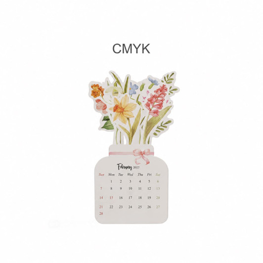 A floral desk calendar featuring a bouquet of flowers in pastel colours, with a white base and pink ribbon.