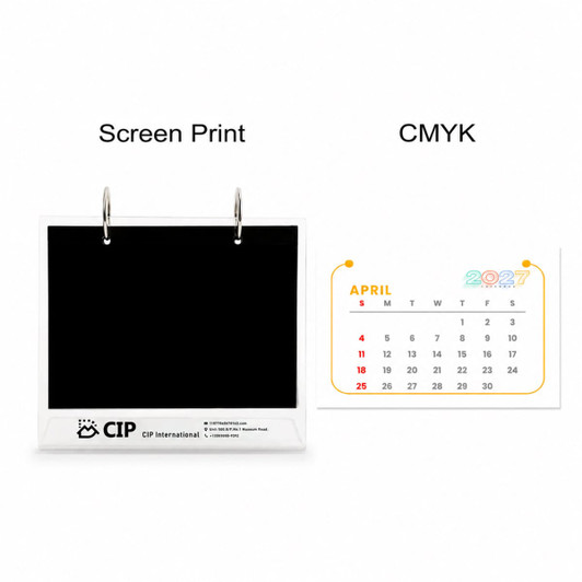 A desk calendar and photo album organizer in white and black, featuring a colour calendar for April 2027.
