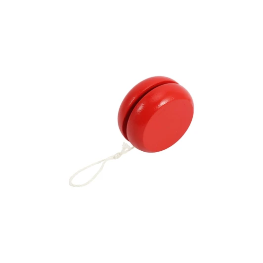 A red wooden yoyo with a white string attached. It features a simple, classic design.