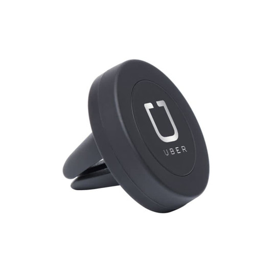 A black universal magnetic car mount with a circular design and a logo on the front.