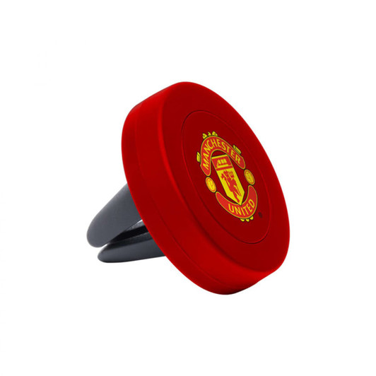 A red magnetic car mount with a black base featuring a logo. Suitable for holding phones securely in vehicles.