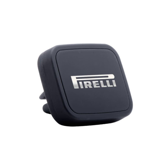 A black magnetic car mount with a sleek design and a logo. Ideal for holding mobile devices securely.