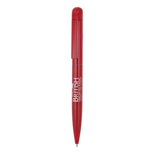 A red metal ballpoint pen with a clip and branding on the barrel.