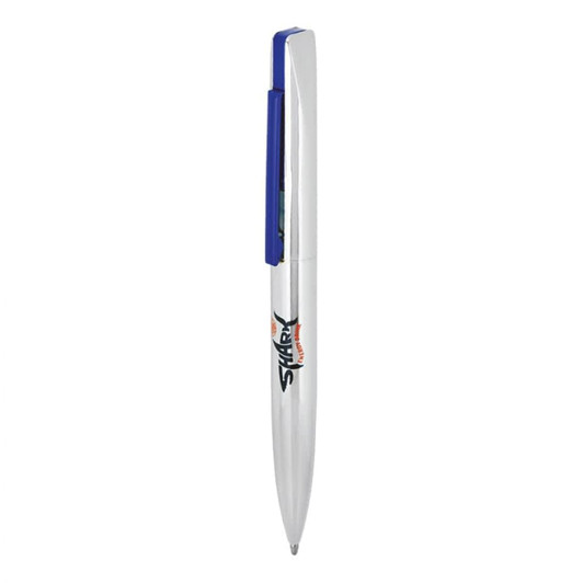 A slim, metallic ballpoint pen with a blue clip and a logo on the barrel.
