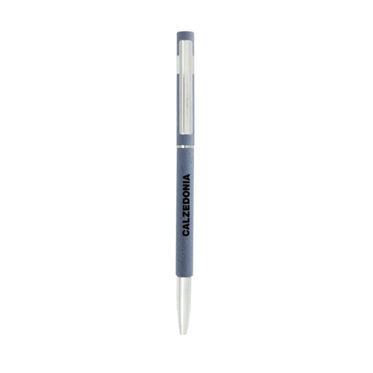 A slim metal pen in grey with a silver clip and a logo on the barrel.