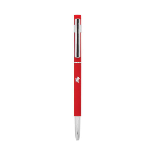 A red Slim Hex Pen with a shiny silver clip and a branding logo. Designed for custom orders.