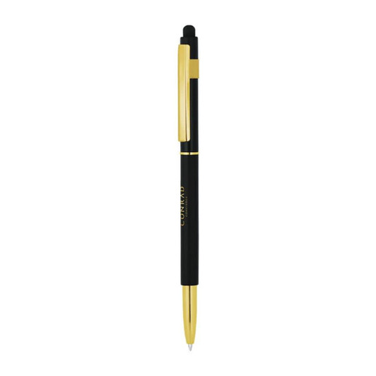 A black stylus hex pen with gold accents and a logo.