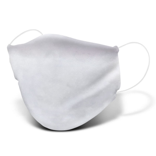 A large, reusable face mask in white, featuring soft fabric and ear loops for comfort.