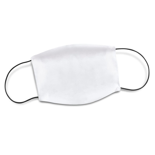 A large reusable face mask in white with black ear straps, features a plain design without any logos or branding.