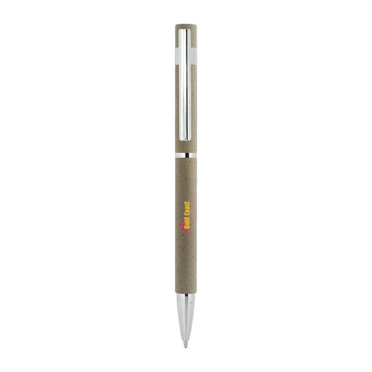 A slim metal pen with a brown textured body and a silver clip, featuring a logo on the barrel.