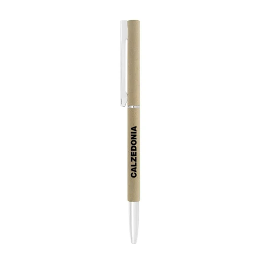 A metal ballpoint pen in beige with a white tip and clip, featuring a logo on the barrel.