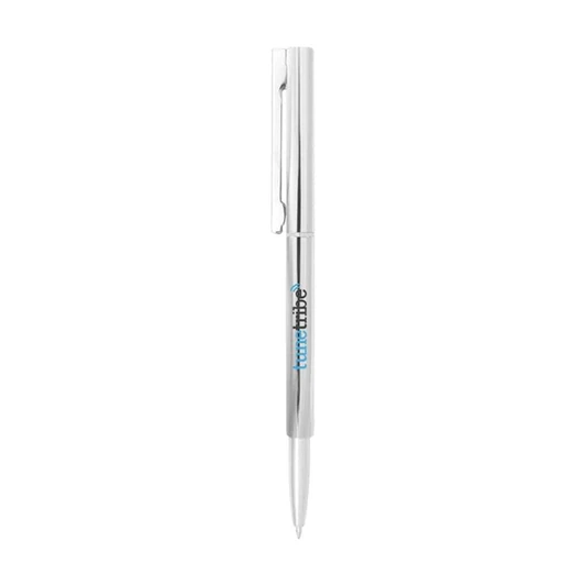 A silver metal ballpoint pen with a sleek design and a clip, featuring a logo on the body.