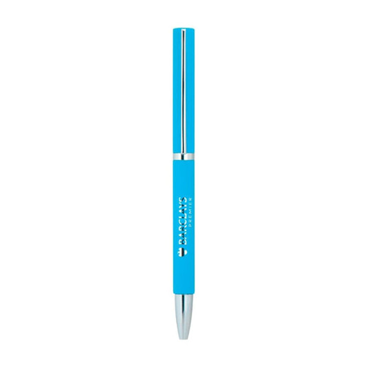 A blue metal ball pen with a shiny silver clip and a logo on the barrel.