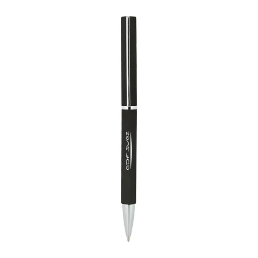 A sleek black metal ball pen with silver accents and a logo. Ideal for writing with elegance.