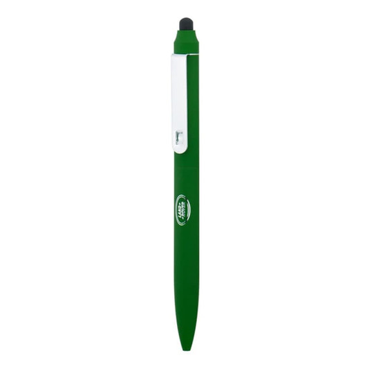 A green metal ballpoint pen with a twist mechanism, featuring a stylus tip and a branding logo.