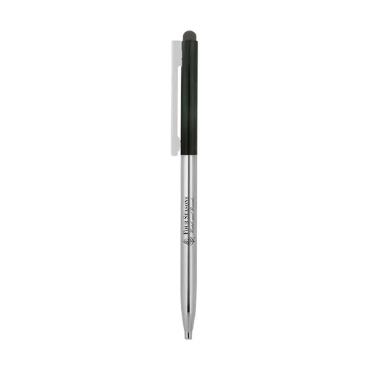 A thin twist metal ball pen with a silver barrel and dark green grip, featuring a logo.