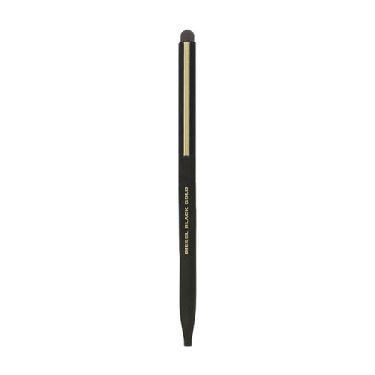 A thin black metal stylus and ballpoint pen with a gold accent and a rubber tip for touchscreens.