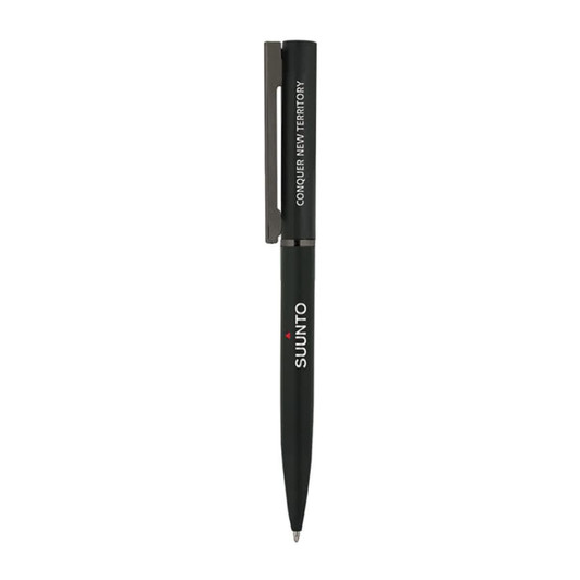 A black metal ballpoint pen with a silver clip and a logo.