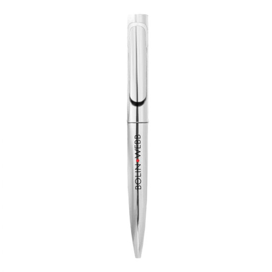 A silver metal ballpoint pen with a smooth twist mechanism and a logo on the barrel.