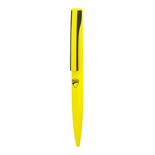 A yellow metal ball pen with a sleek design and a logo on the clip.