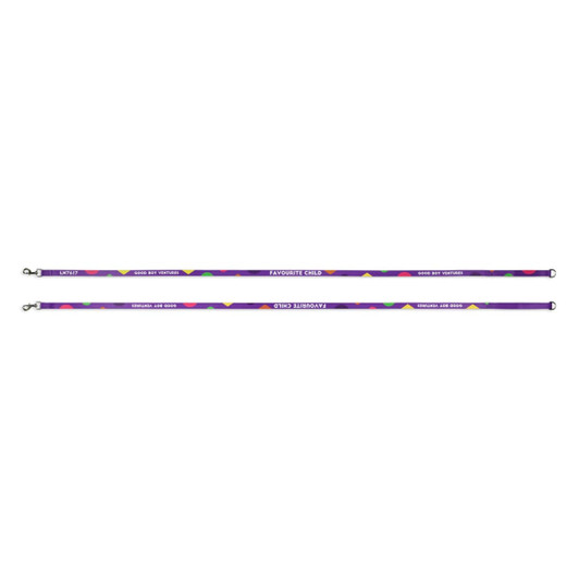A vibrant purple dog lead featuring multicoloured patterns and a metal clip at one end. It has a branding logo.