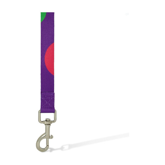 A purple dog lead featuring large red and green dots, with a metal clip at one end. It has a logo on the strap.