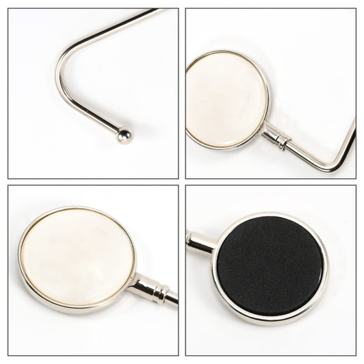 A round straight desk hook in silver with a smooth, round base and a black underside, featuring a logo.