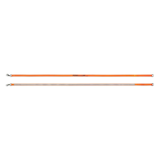 An orange printed dog lead with metal clips at each end, featuring a logo or branding.