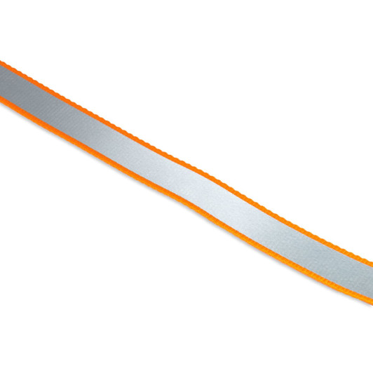 A printed dog lead featuring a silver centre with orange edges, showcasing a sleek design and a branding logo.