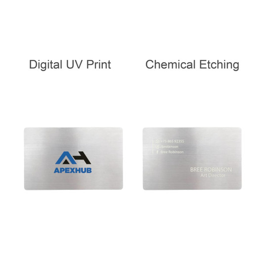 A stainless steel business card featuring a logo on one side and engraved details on the other side.
