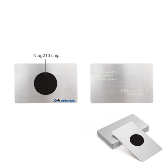 A stainless steel business card with a black NFC chip, featuring a logo and personal details on one side.