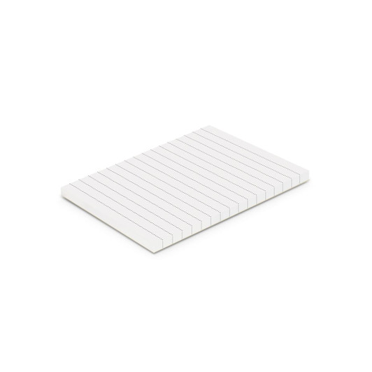 A notepad in white with lined pages, featuring a simple, clean design, and a logo on the side.