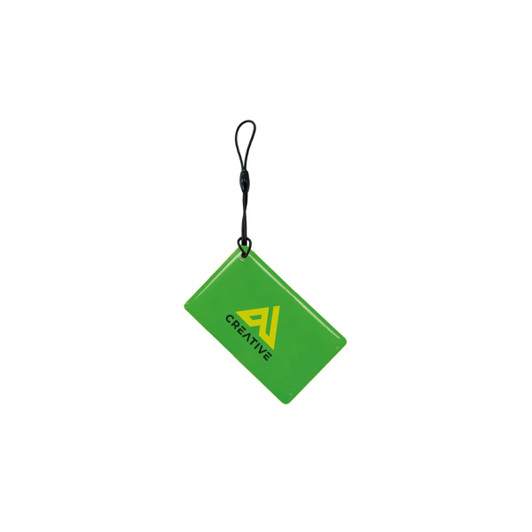 A green NFC epoxy square tag with a black strap and a logo displayed prominently on its surface.