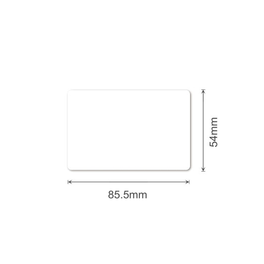 A white NFC PVC business card with dimensions of 85.5mm by 54mm. It features a smooth, rectangular design.