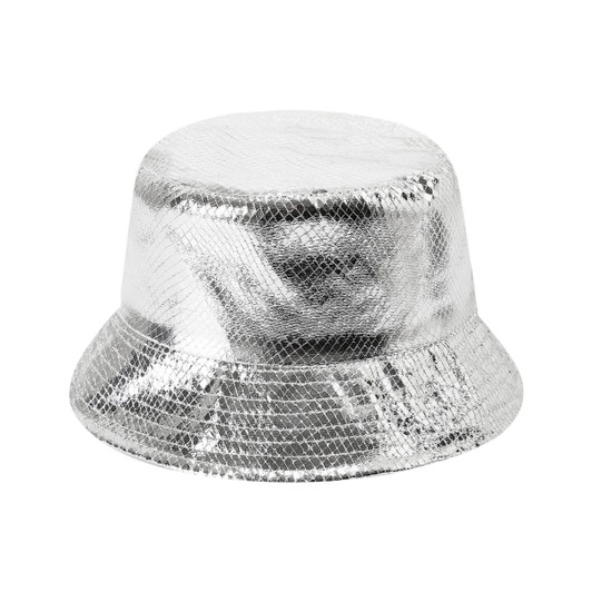 A shiny silver bucket hat featuring a textured surface and an inner lining. The hat has a logo on the side.
