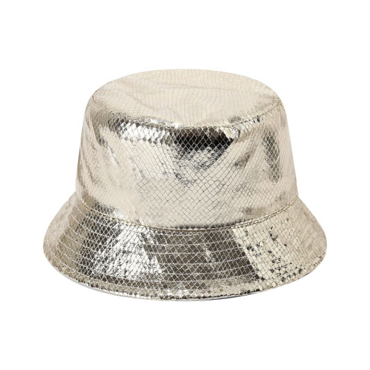 A silver glitter bucket hat with a shiny, textured finish and a wide brim. It features a logo on the inside.