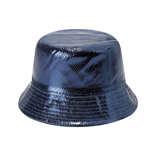 A shiny navy blue bucket hat with a textured finish and a logo on the side.