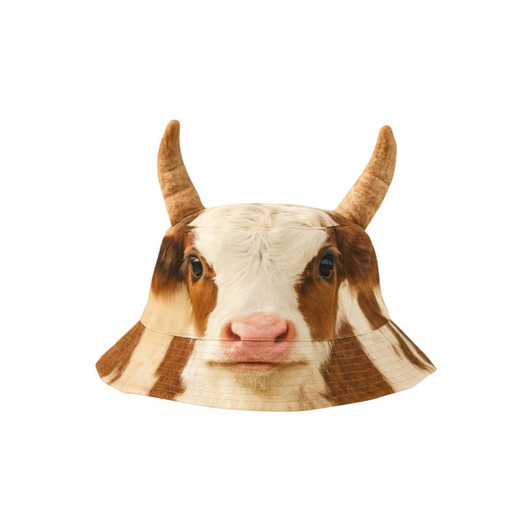 A bucket hat featuring a cow print design with animal ears, in brown and white colours.