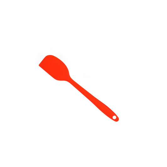 A red spatula with a flat, flexible head and a long handle, featuring a hole for hanging.